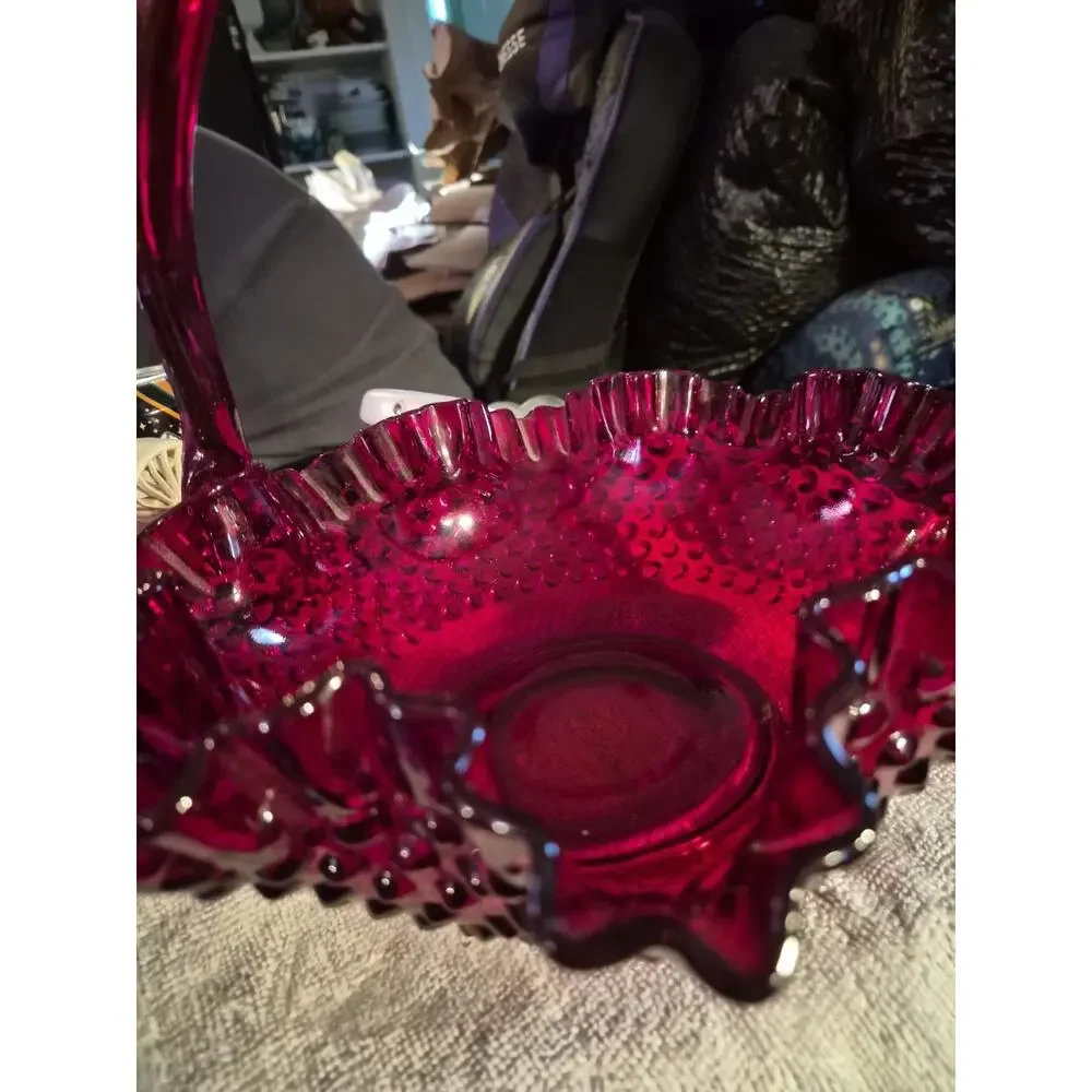10 Fenton red Hobnail basket with handle and ruffled edge-Mint condition